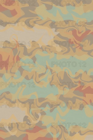 This abstract illustration features a camouflage pattern with flowing waves in earthy tones.
