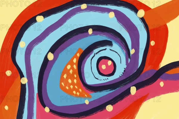 This abstract painting features a dynamic spiral pattern with bold, colorful swirls in orange,