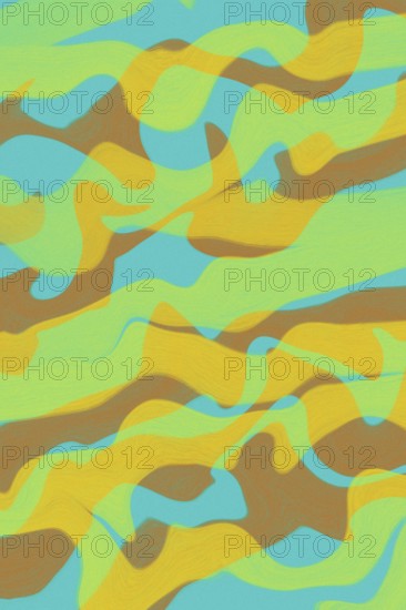 This abstract illustration features a dynamic blend of colorful, wavy shapes in teal, yellow, and