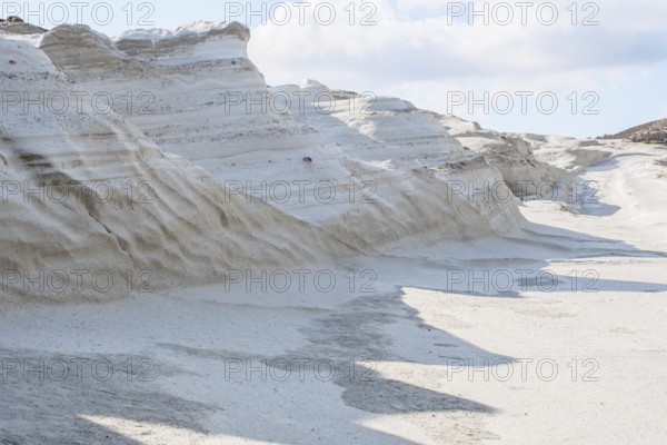 Striking, natural white rock formations at Sarakiniko Beach on the island of Milos, Greece. The
