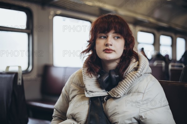 A thoughtful passenger with headphones sits on a train, gazing out of the window. The cozy winter