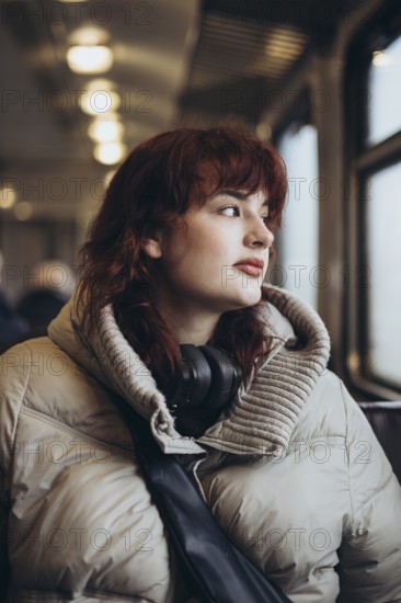 A young woman in a warm jacket and headphones sits on a train, gazing out the window with a