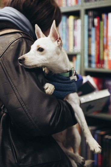 A small dog in a blue sweater is lovingly held by a young woman in a leather jacket, creating a