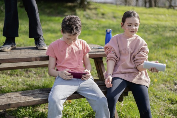 Two friends sit on a wooden bench outdoors, immersed in technology. One uses a tablet, while the