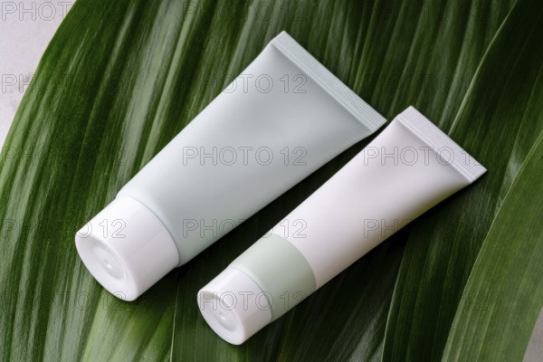 Two minimalist, white and green cosmetic bottles rest on the glossy surface of a vibrant green