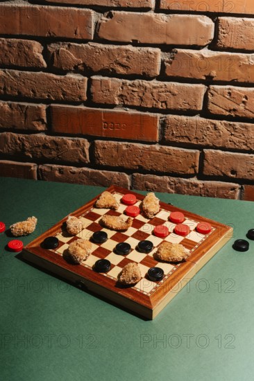 A checkers board on a green surface features chicken nuggets as game pieces. Set against a rustic