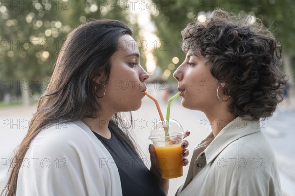 A lesbian couple enjoys a refreshing orange juice outdoors, each sipping through their own straw,