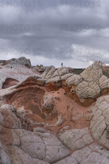 Unrecognizable person standing on the surreal, textured rock formations of White Pocket, Arizona,