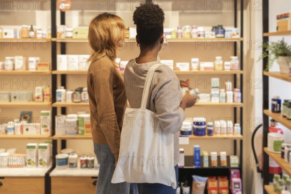 Two individuals explore a cosmetics store, examining a variety of skincare and beauty products on
