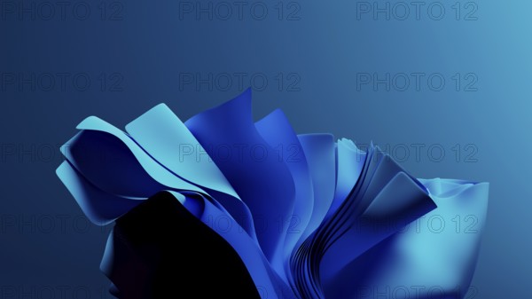 Smooth, flowing blue waves form an abstract background, resembling a digital landscape. The design