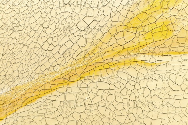 This image showcases a detailed view of cracked soil with a striking golden mud streak,
