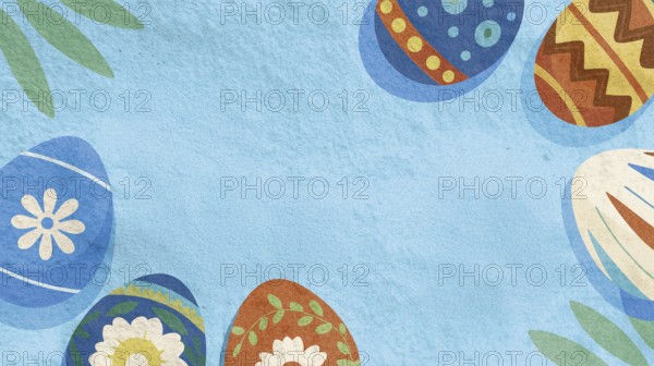 Brightly decorated eggs rest among floral designs, celebrating the arrival of spring. The cheerful