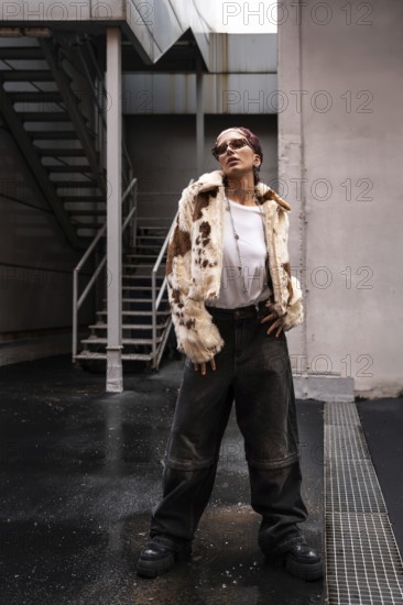 Fashionable woman wearing a trendy fur jacket, sunglasses, and wide-leg pants stands confidently in