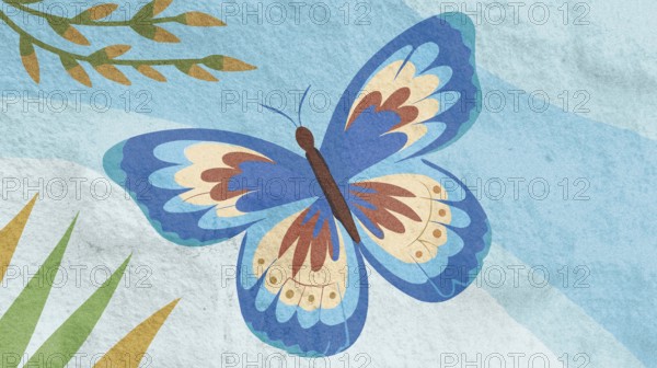 A vibrant butterfly with delicate blue and orange wings flutters gracefully amidst pastel spring