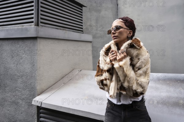 Stylish woman poses confidently in faux fur coat and sunglasses in an urban setting. Modern jewelry
