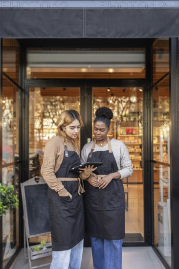 Two employees wearing aprons stand outside a cosmetics store, discussing inventory on a tablet. The