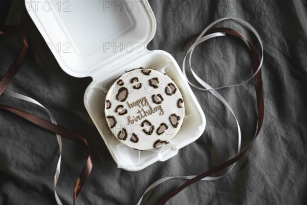 Top view of a stylish bento birthday cake with a Happy Birthday message, decorated with animal
