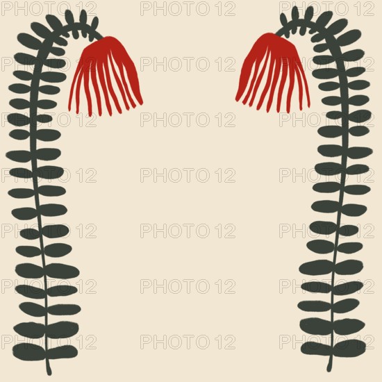 Artistic depiction of two stylized flowers with red petals and green stems against a light