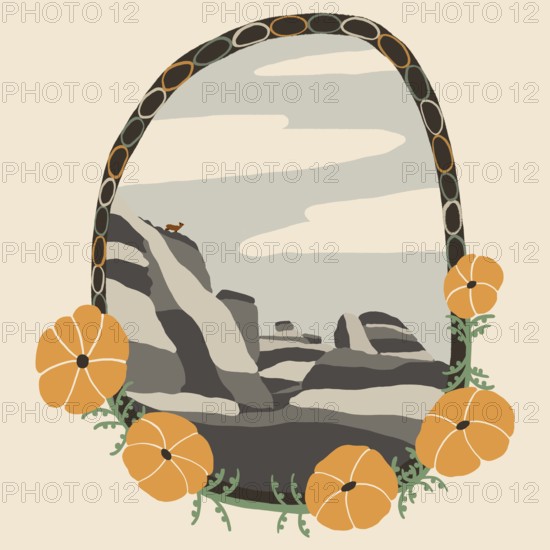 Abstract desert art featuring a stylized animal on rocky terrain, surrounded by a decorative frame
