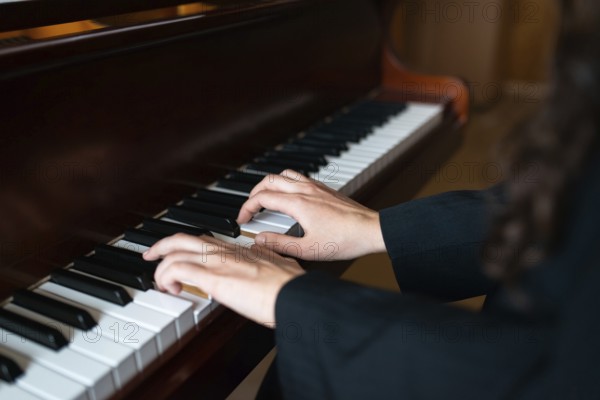 Close-up of a pianist's hands skillfully playing the piano, creating a serene and harmonious