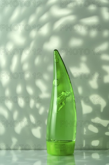 A translucent green aloe vera gel bottle on a white bathroom surface, highlighted by natural leafy