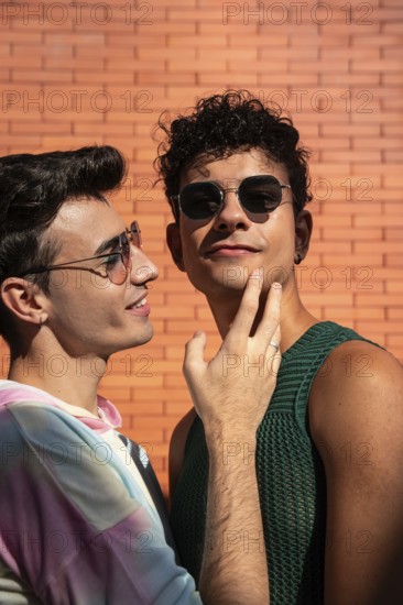 A gay couple shares a tender moment, smiling in the sunlight. They wear sunglasses and casual