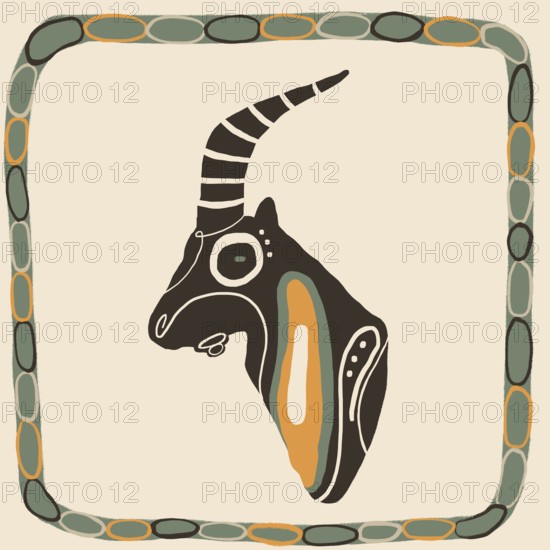 This illustration showcases a stylized neoprimitive animal head, featuring bold lines and vibrant