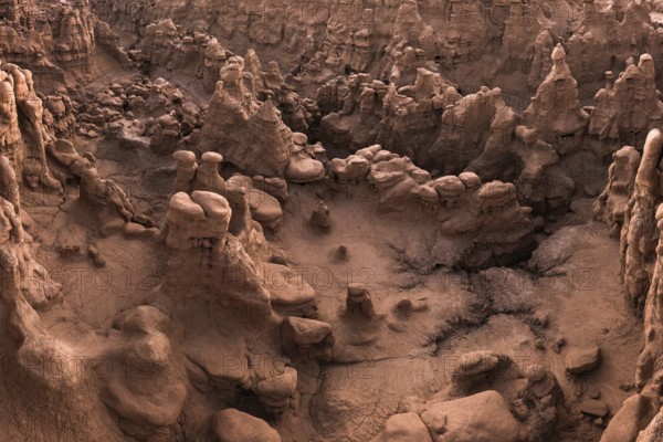Aerial view of the bizarre and unique rock formations known as hoodoos in Goblin Valley State Park,