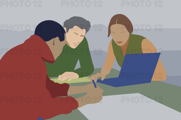 Two individuals are focused on a laptop while one person takes notes on paper in a collaborative