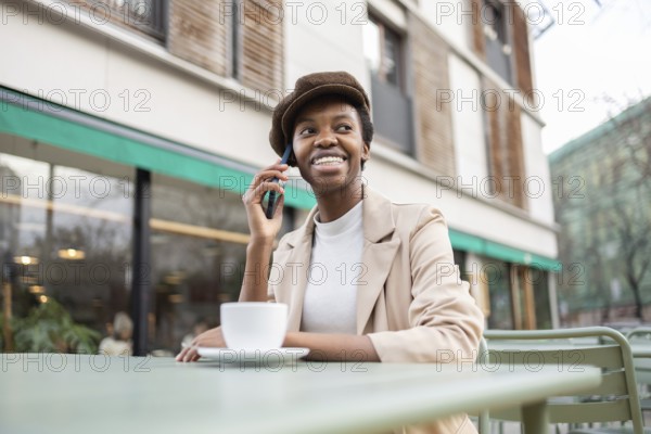 Black woman sits at an outdoor cafe, smiling and talking on her smartphone She is wearing a stylish