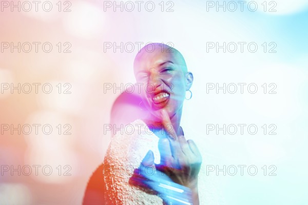 A bold woman expressing defiance with her middle finger towards camera, surrounded by vibrant,