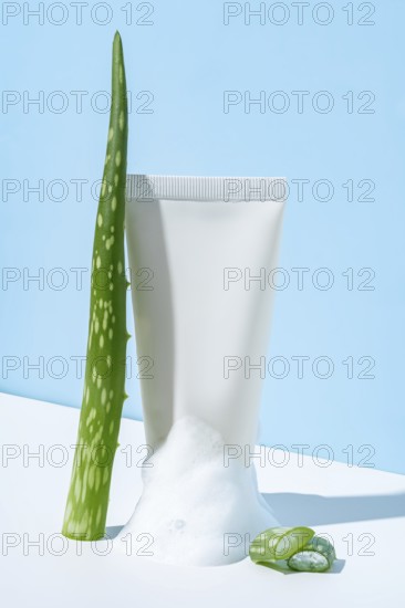 A white tube of cosmetics cream squeezed to show its contents, alongside an aloe vera plant,