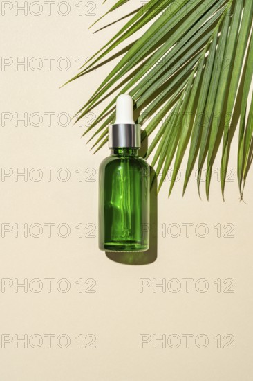 Top view of a green glass serum bottle with a dropper pipette, cast by a palm leaf's on a warm