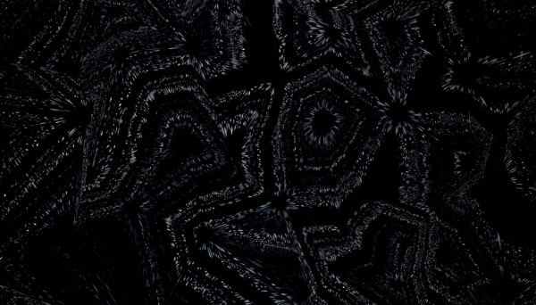 This abstract 3D render features a complex pattern of star-like shapes and swirling lines in