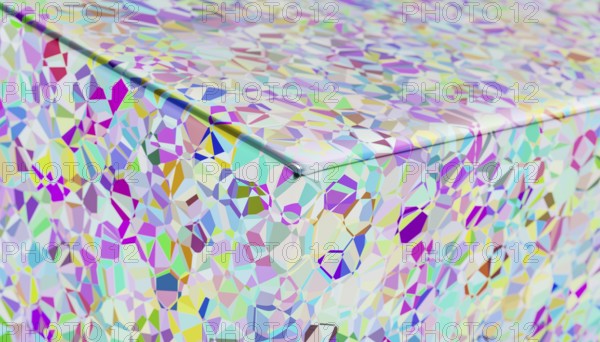 This digital artwork features a mesmerizing array of iridescent geometric patterns rendered in 3D,