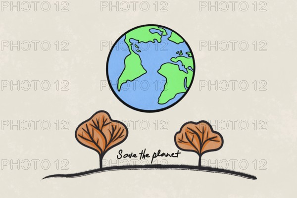 Illustration of planet Earth above two stylized trees, emphasizing the message Save the planet