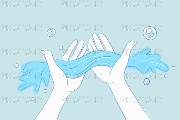 A digital health illustration portraying hands immersed in flowing water, emphasizing hygiene and