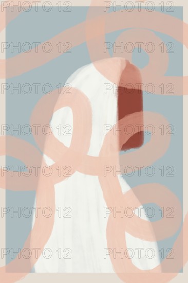 Abstract illustration featuring a mysterious, ghost-like figure enveloped in pastel-toned shapes,