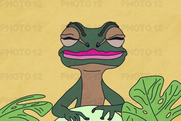 A playful cartoon frog with exaggerated pink lips and sleepy eyes sits on a leafy background The