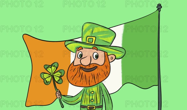 A vibrant illustration depicting a joyful leprechaun holding a shamrock and standing before an