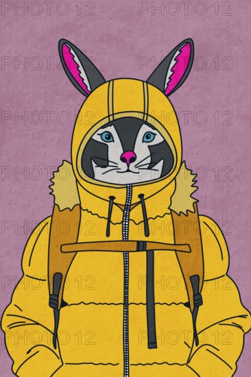 A whimsical illustration of a rabbit wearing a yellow hooded jacket and backpack The playful design