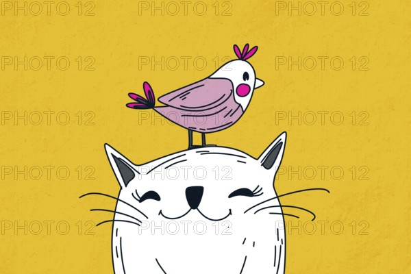 A whimsical illustration featuring a happy cat with closed eyes and a quirky bird perched on its