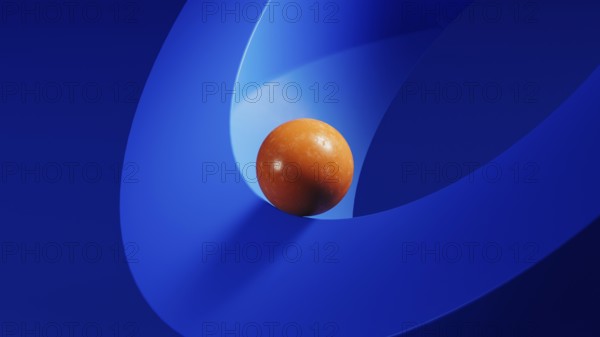 An orange sphere balances on blue geometric forms, creating a striking juxtaposition in an abstract