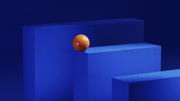 An orange sphere rests on a series of blue geometric shapes, showcasing a striking contrast in an