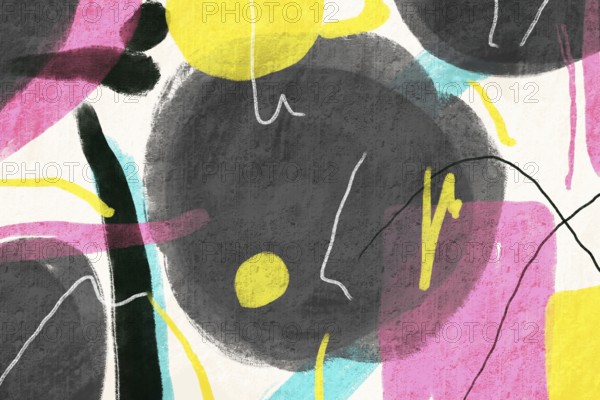 Artistic abstract design featuring dark textured circles surrounded by vibrant strokes of pink,