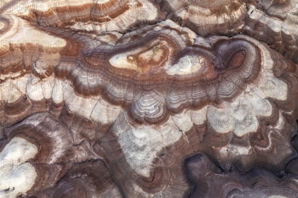 Aerial view highlights the intricate patterns and layers of bentonite-rich sandstone formations in