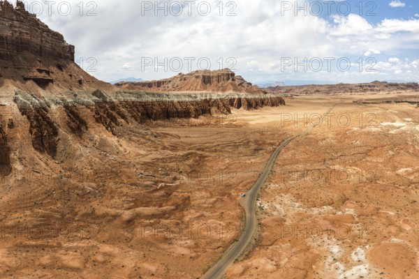 Scenic aerial capture of the unique, eroded rock formations and sprawling terrain at Goblin Valley