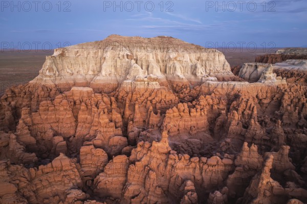 Captivating aerial view showcasing the striking, layered rock formations of Goblin Valley State
