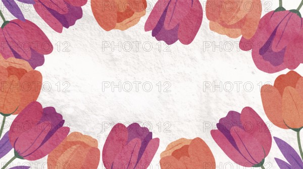 Colorful tulips in pink, purple, and orange surround a blank space, celebrating the beauty of