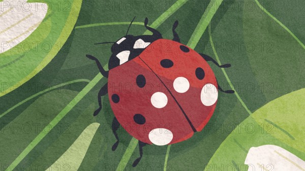A bright red ladybug adorned with white spots rests on lush green leaves. The vibrant illustration